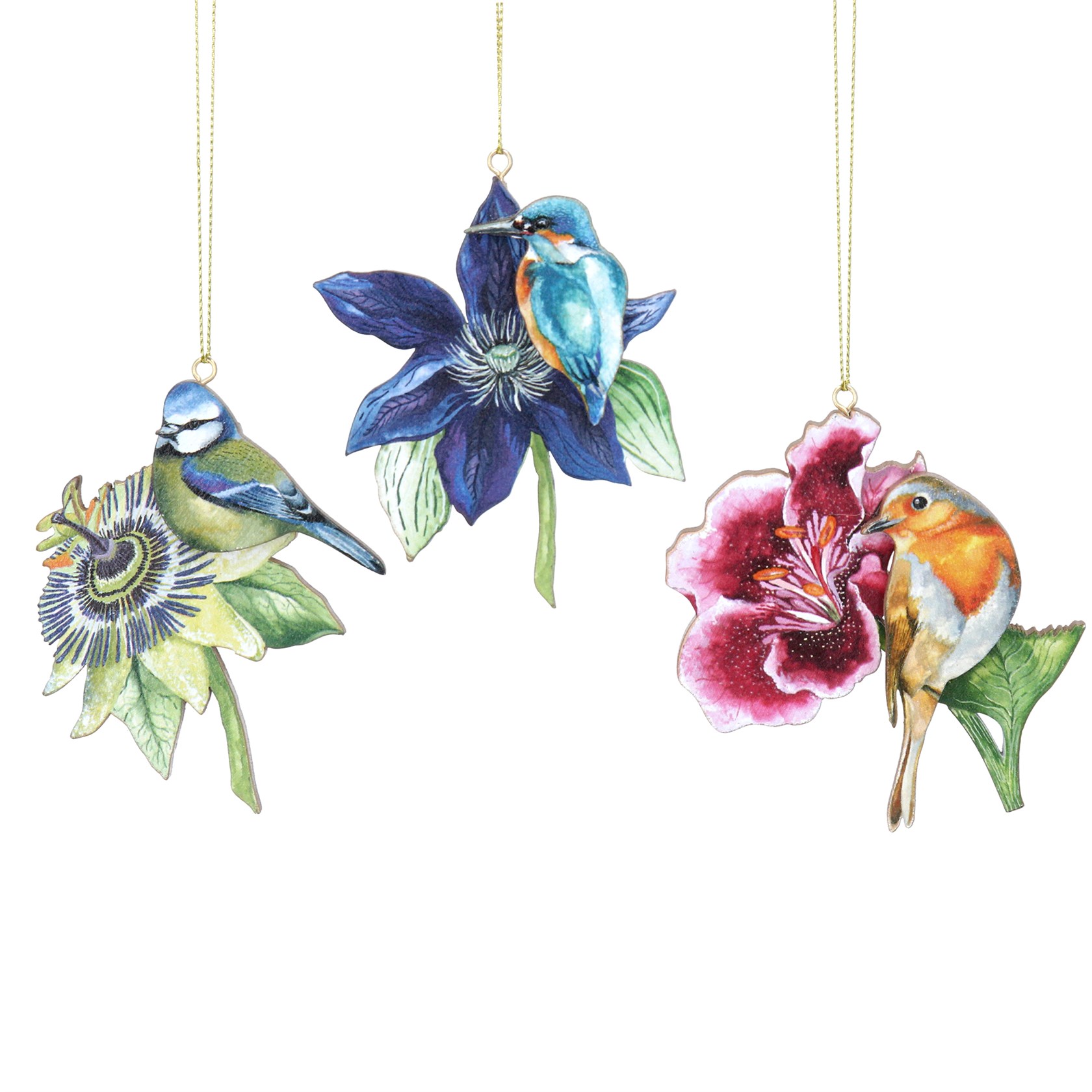 Choice of 3 Yellow Blue and Red hanging wooden decoration with British bird design. By Gisela Graham.